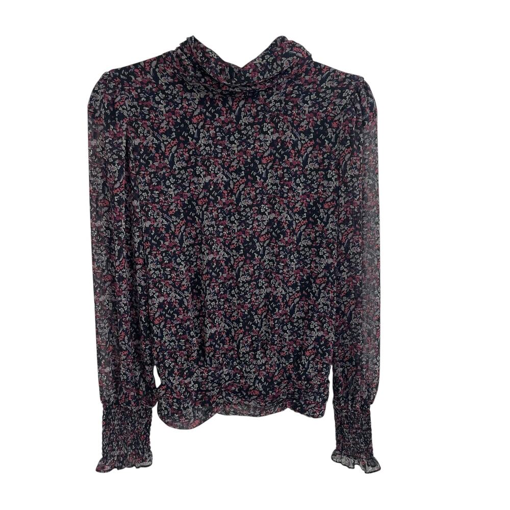 Evereve Mock Neck Gathered Smocked Cuff Black Navy Pink Floral Blouse Size Small